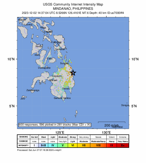 USGS DYFI community-reported intensity map for the M7.6 earthquake near 19 km E of Gamut, Philippines