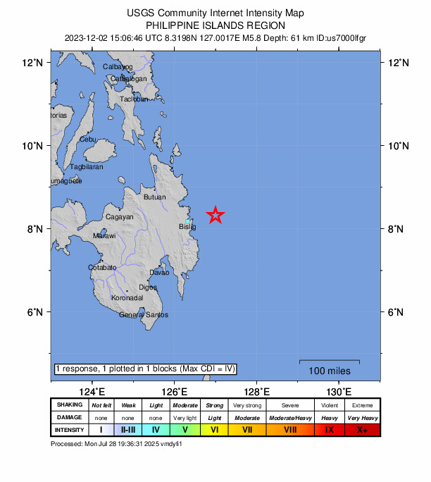 USGS DYFI community-reported intensity map for the M5.8 earthquake near 65 km ENE of Barcelona, Philippines
