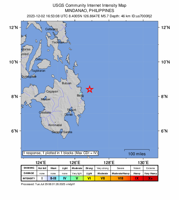USGS DYFI community-reported intensity map for the M5.7 earthquake near 54 km ENE of Barcelona, Philippines