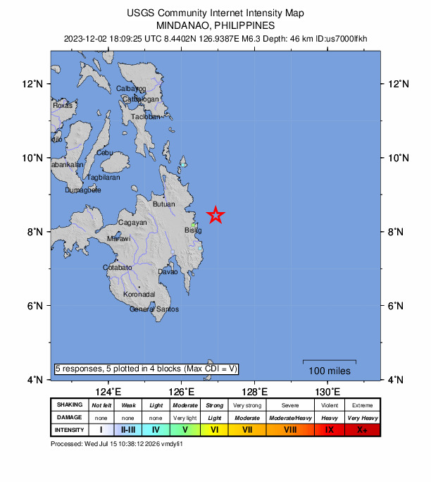 USGS DYFI community-reported intensity map for the M6.3 earthquake near 63 km ENE of Barcelona, Philippines