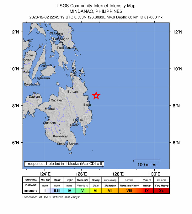 USGS DYFI community-reported intensity map for the M4.9 earthquake near 55 km ENE of Hinatuan, Philippines