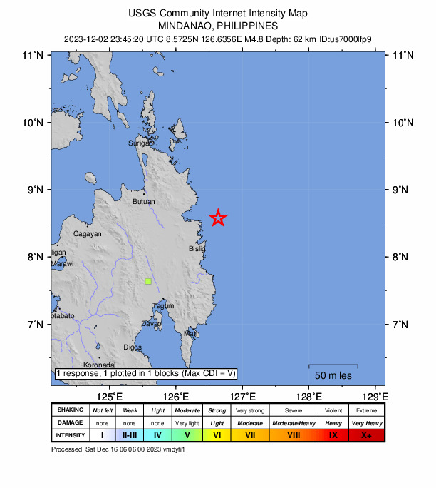 USGS DYFI community-reported intensity map for the M4.8 earthquake near 39 km ENE of Hinatuan, Philippines