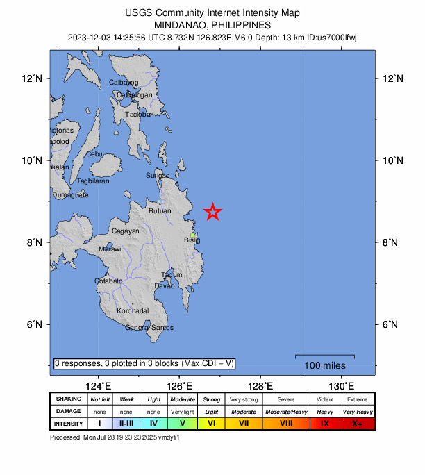 USGS DYFI community-reported intensity map for the M6.0 earthquake near 58 km E of Marihatag, Philippines