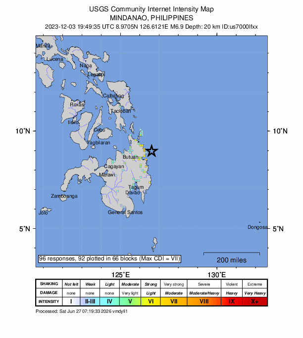 USGS DYFI community-reported intensity map for the M6.9 earthquake near 34 km ENE of Aras-asan, Philippines