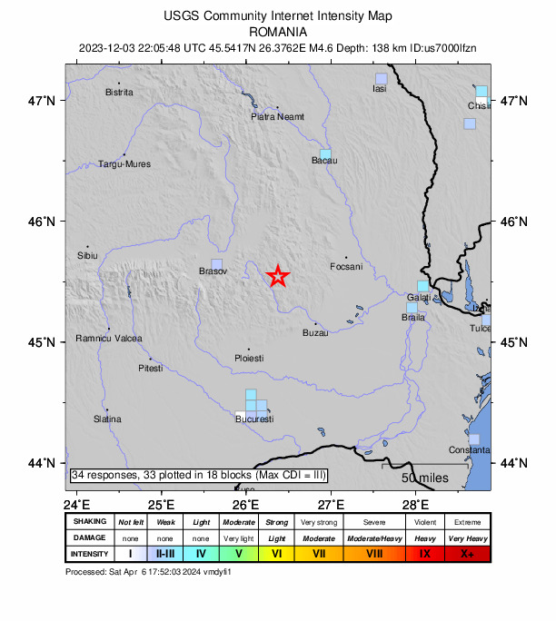 USGS DYFI community-reported intensity map for the M4.6 earthquake near 7 km NNW of Gura Teghii, Romania