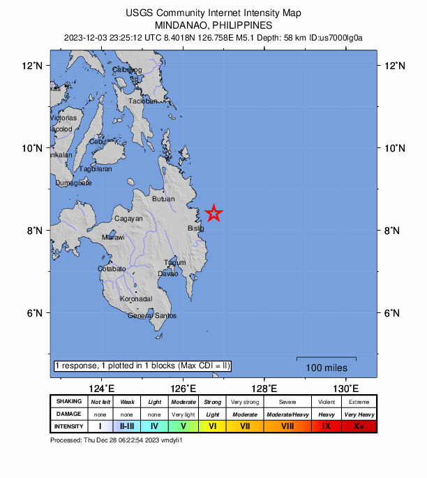 USGS DYFI community-reported intensity map for the M5.1 earthquake near 44 km NE of Barcelona, Philippines