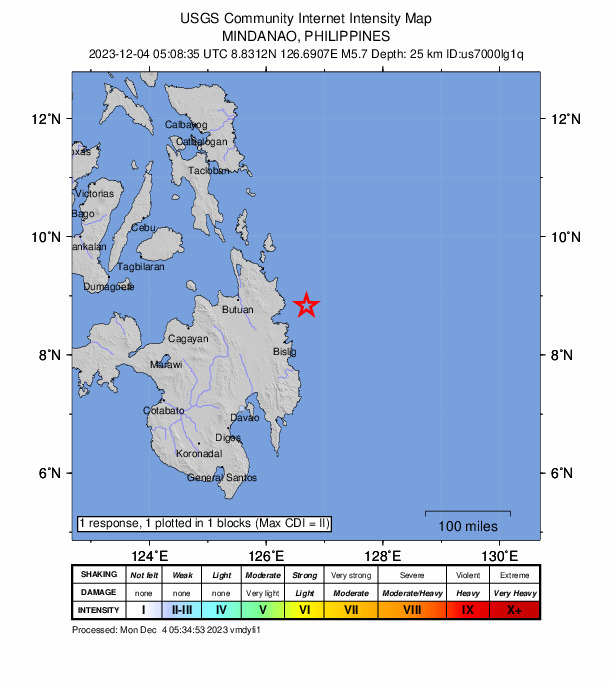 USGS DYFI community-reported intensity map for the M5.7 earthquake near 37 km E of Aras-asan, Philippines