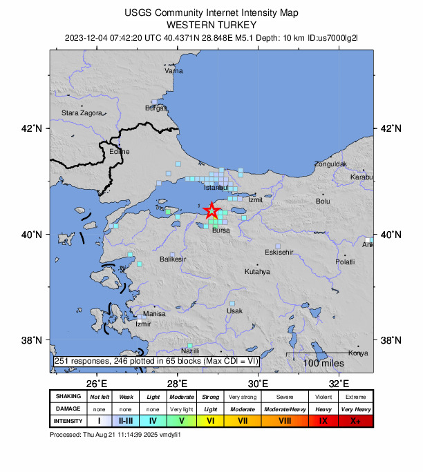 USGS DYFI community-reported intensity map for the M5.1 earthquake near 7 km NNW of Mudanya, Turkey