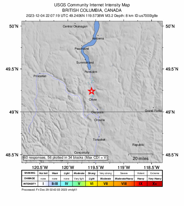 USGS DYFI community-reported intensity map for the M3.2 earthquake near 6 km NNW of Oliver, Canada