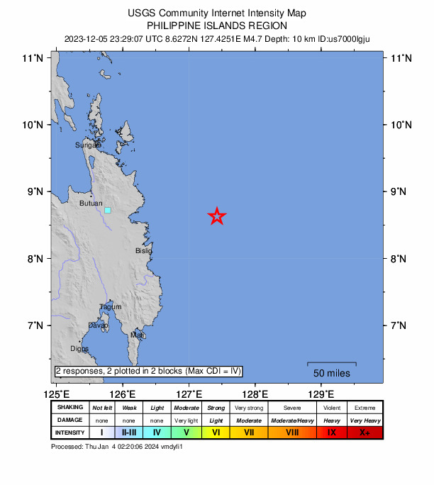 USGS DYFI community-reported intensity map for the M4.7 earthquake near 120 km ENE of Barcelona, Philippines