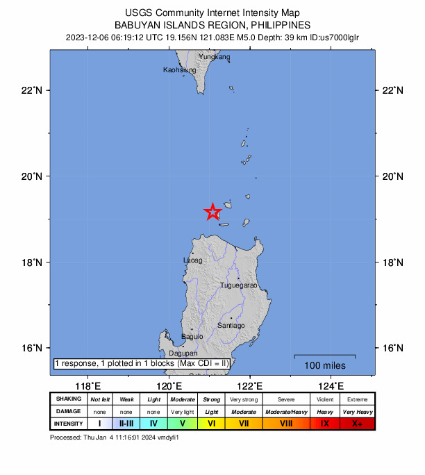 USGS DYFI community-reported intensity map for the M5.0 earthquake near 52 km N of Claveria, Philippines