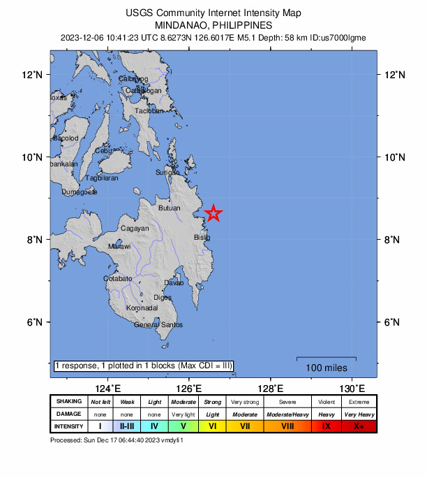 USGS DYFI community-reported intensity map for the M5.1 earthquake near 38 km ESE of Marihatag, Philippines