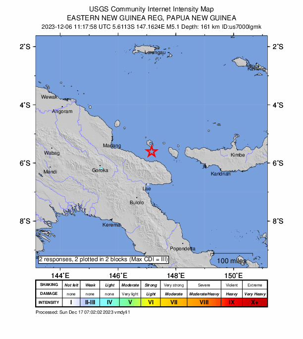 USGS DYFI community-reported intensity map for the M5.1 earthquake near 124 km N of Lae, Papua New Guinea