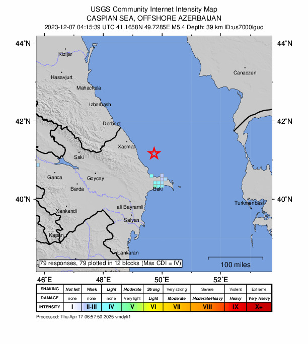 USGS DYFI community-reported intensity map for the M5.4 earthquake near 44 km NNE of Şuraabad, Azerbaijan