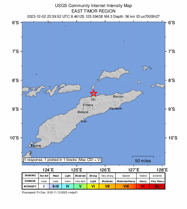 USGS DYFI community-reported intensity map for the M4.3 earthquake near 11 km NNE of Dili, Timor Leste