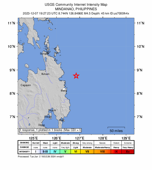 USGS DYFI community-reported intensity map for the M4.5 earthquake near 61 km E of Marihatag, Philippines