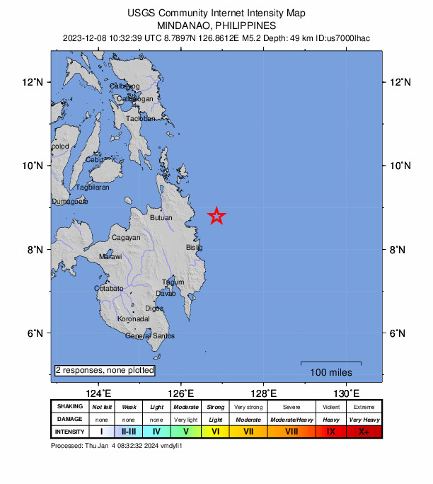 USGS DYFI community-reported intensity map for the M5.2 earthquake near 61 km E of Aras-asan, Philippines