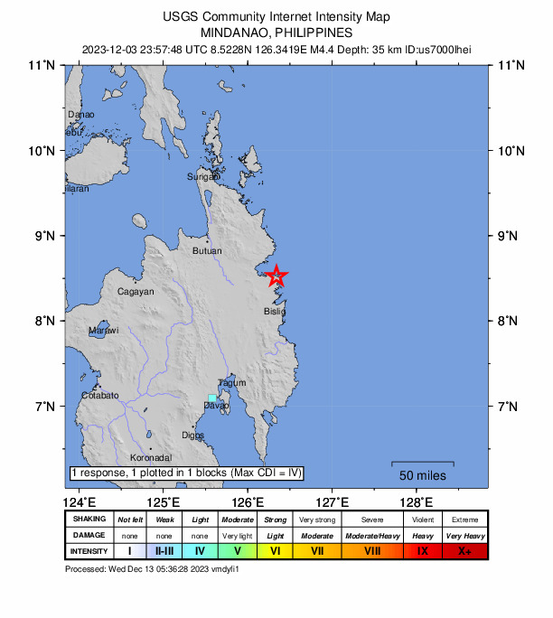 USGS DYFI community-reported intensity map for the M4.4 earthquake near 11 km E of Gamut, Philippines