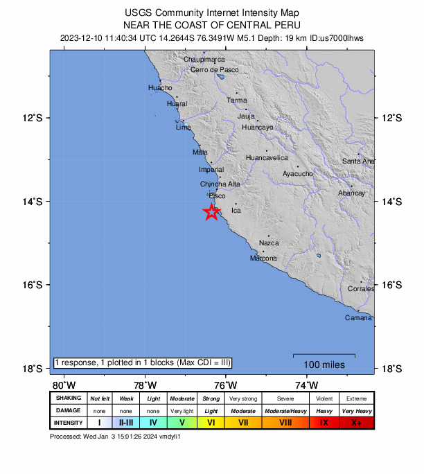 USGS DYFI community-reported intensity map for the M5.1 earthquake near 45 km S of Paracas, Peru