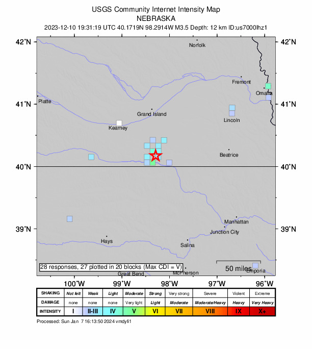 USGS DYFI community-reported intensity map for the M3.5 earthquake near 10 km NNE of Guide Rock, Nebraska
