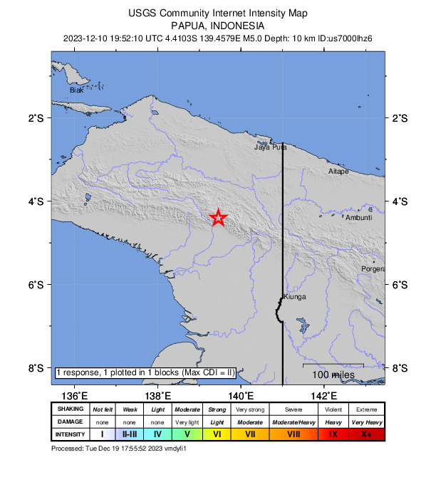USGS DYFI community-reported intensity map for the M5.0 earthquake near 193 km NE of Agats, Indonesia