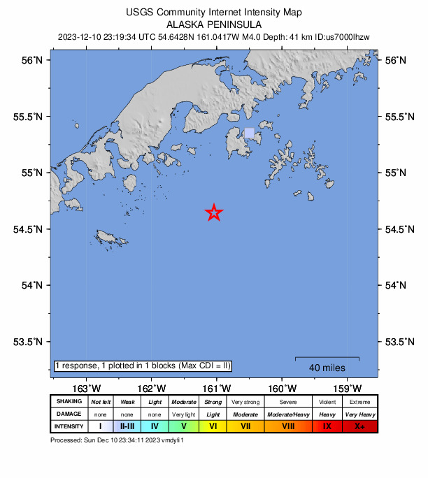 USGS DYFI community-reported intensity map for the M4.3 earthquake near 79 km ESE of King Cove, Alaska