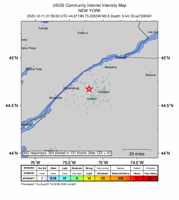 USGS DYFI community-reported intensity map for the M2.8 earthquake near 8 km NNW of Canton, New York