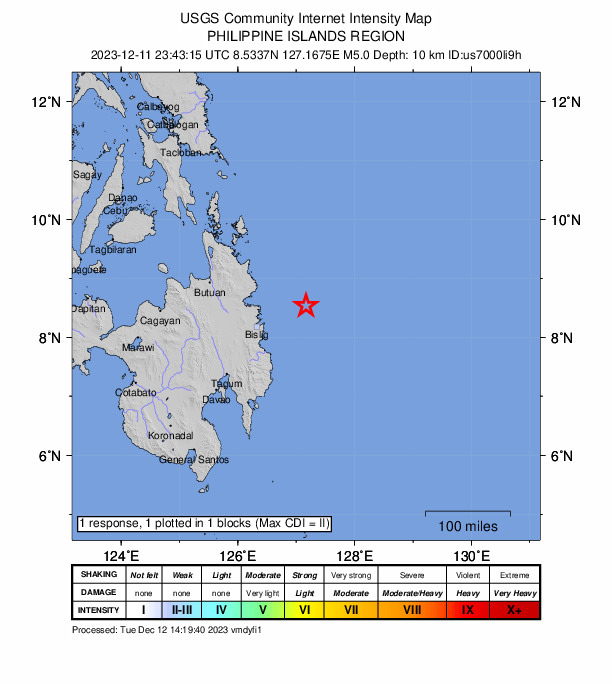 USGS DYFI community-reported intensity map for the M5.0 earthquake near 83 km ENE of Barcelona, Philippines