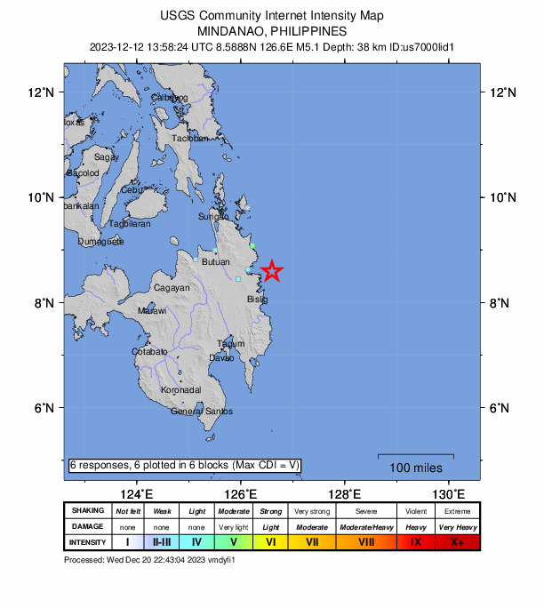 USGS DYFI community-reported intensity map for the M5.1 earthquake near 38 km NE of Hinatuan, Philippines