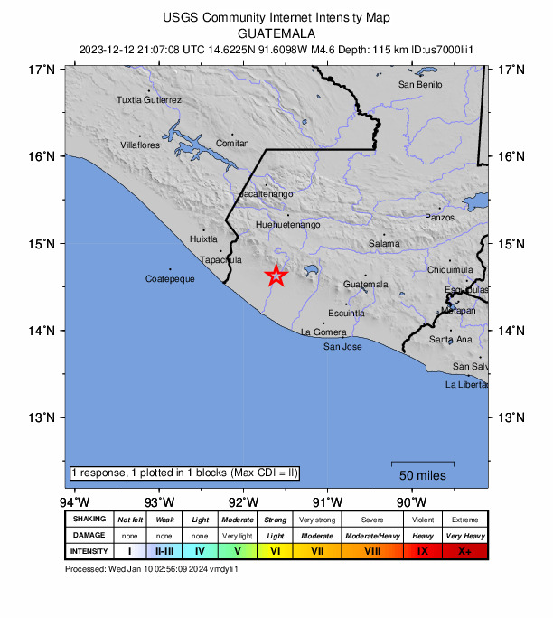 USGS DYFI community-reported intensity map for the M4.6 earthquake near 1 km W of San Felipe, Guatemala