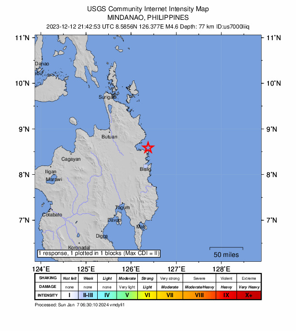 USGS DYFI community-reported intensity map for the M4.6 earthquake near 11 km NE of Gamut, Philippines