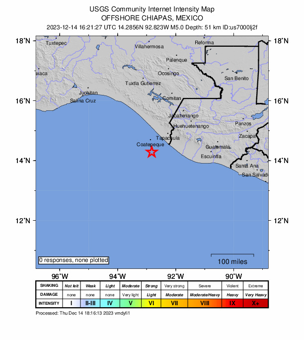 USGS DYFI community-reported intensity map for the M5.0 earthquake near 70 km SW of Puerto Madero, Mexico