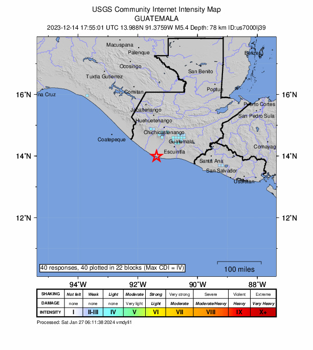 USGS DYFI community-reported intensity map for the M5.4 earthquake near 24 km SSW of Nueva Concepción, Guatemala