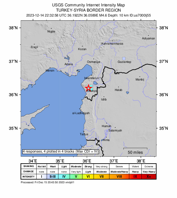 USGS DYFI community-reported intensity map for the M4.6 earthquake near 2 km SSW of Toygarlı, Turkey
