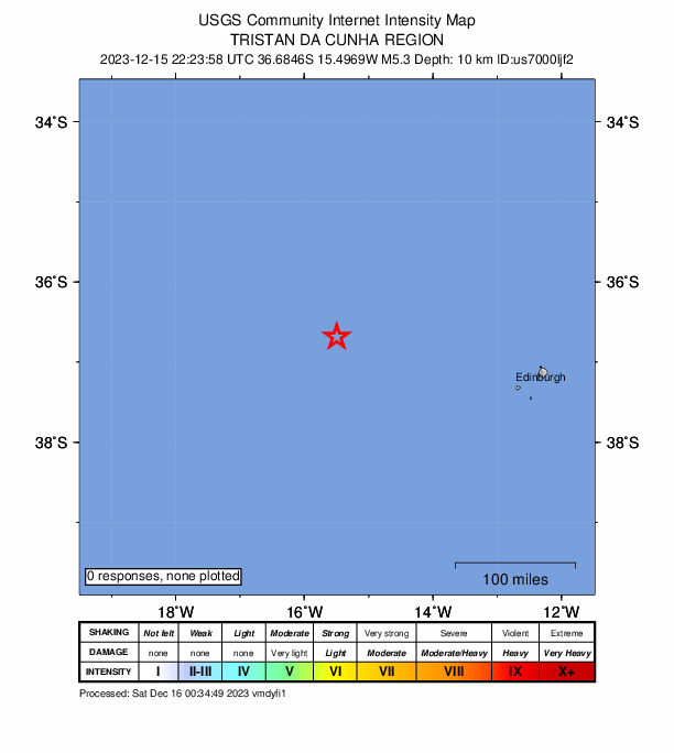 USGS DYFI community-reported intensity map for the M5.9 earthquake near southern Mid-Atlantic Ridge