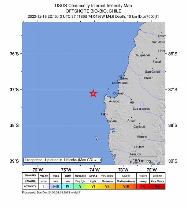USGS DYFI community-reported intensity map for the M4.6 earthquake near 64 km NNW of Lebu, Chile