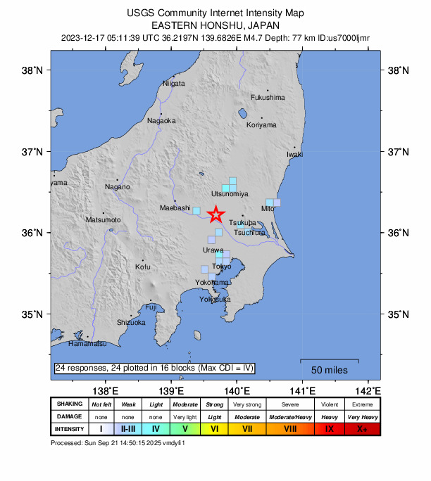 USGS DYFI community-reported intensity map for the M4.7 earthquake near 4 km SE of Fujioka, Japan