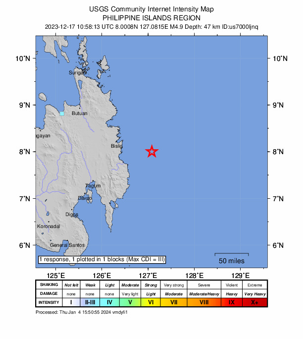 USGS DYFI community-reported intensity map for the M4.9 earthquake near 64 km ENE of Kinablangan, Philippines