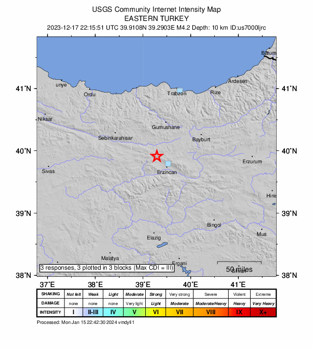 USGS DYFI community-reported intensity map for the M4.2 earthquake near 25 km NW of Erzincan, Turkey