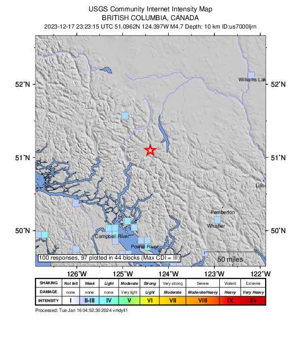 USGS DYFI community-reported intensity map for the M4.7 earthquake near 131 km SW of Hanceville, Canada