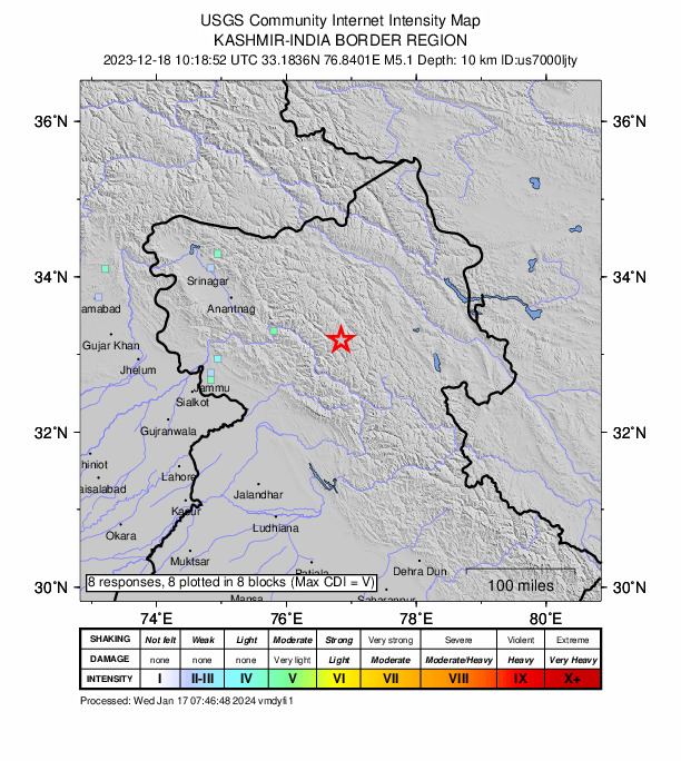 USGS DYFI community-reported intensity map for the M5.1 earthquake near 31 km S of Padam, India