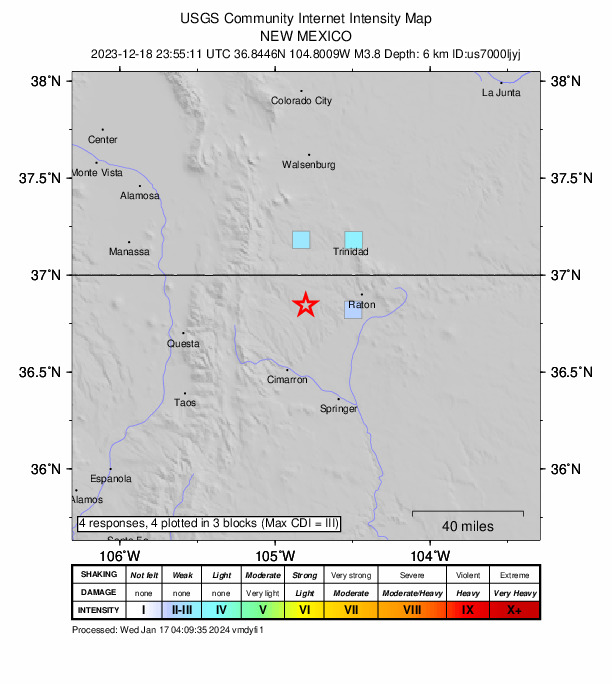 USGS DYFI community-reported intensity map for the M3.8 earthquake near 31 km S of Segundo, Colorado