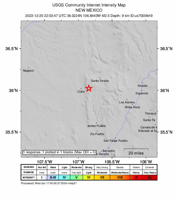 USGS DYFI community-reported intensity map for the M2.5 earthquake near 10 km E of Cuba, New Mexico