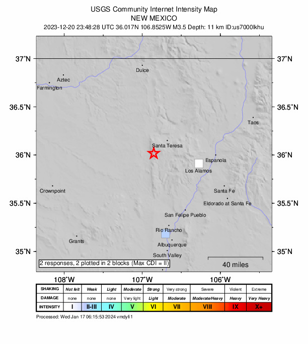 USGS DYFI community-reported intensity map for the M3.5 earthquake near 9 km E of Cuba, New Mexico