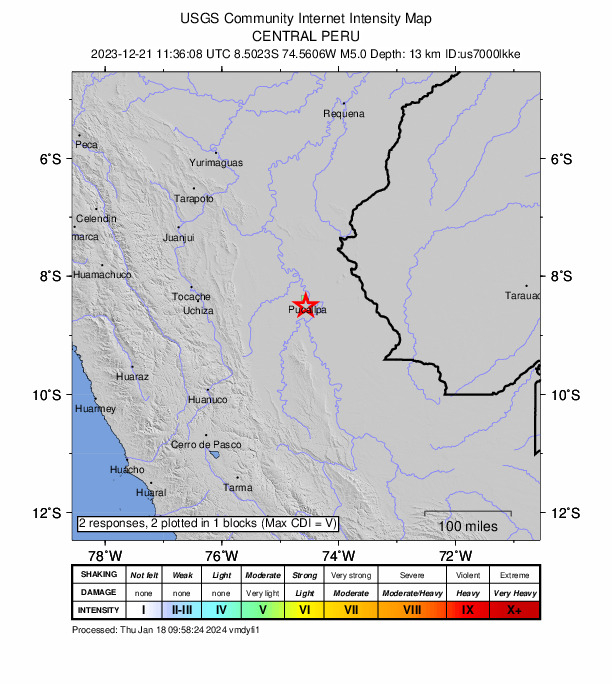 USGS DYFI community-reported intensity map for the M5.0 earthquake near 11 km SSW of San Fernando, Peru