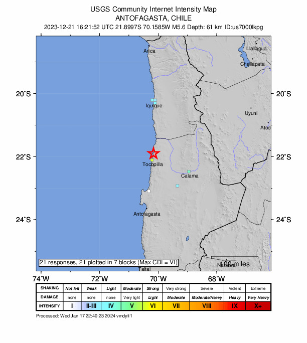 USGS DYFI community-reported intensity map for the M5.6 earthquake near 21 km N of Tocopilla, Chile