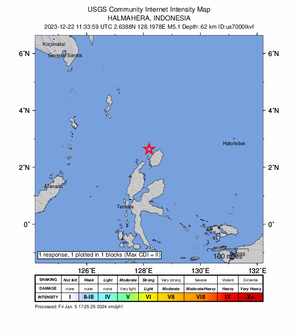 USGS DYFI community-reported intensity map for the M5.1 earthquake near 102 km NNE of Tobelo, Indonesia