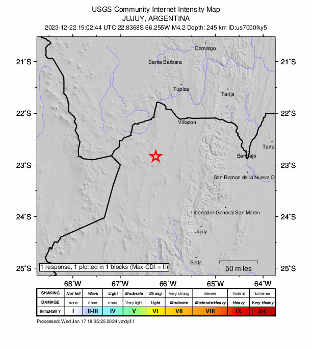USGS DYFI community-reported intensity map for the M4.2 earthquake near 58 km WSW of Abra Pampa, Argentina