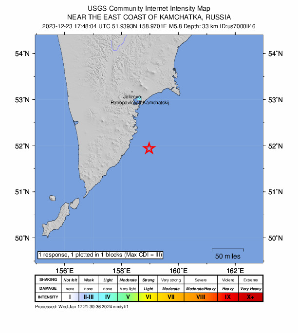 USGS DYFI community-reported intensity map for the M5.8 earthquake near 115 km SSE of Vilyuchinsk, Russia