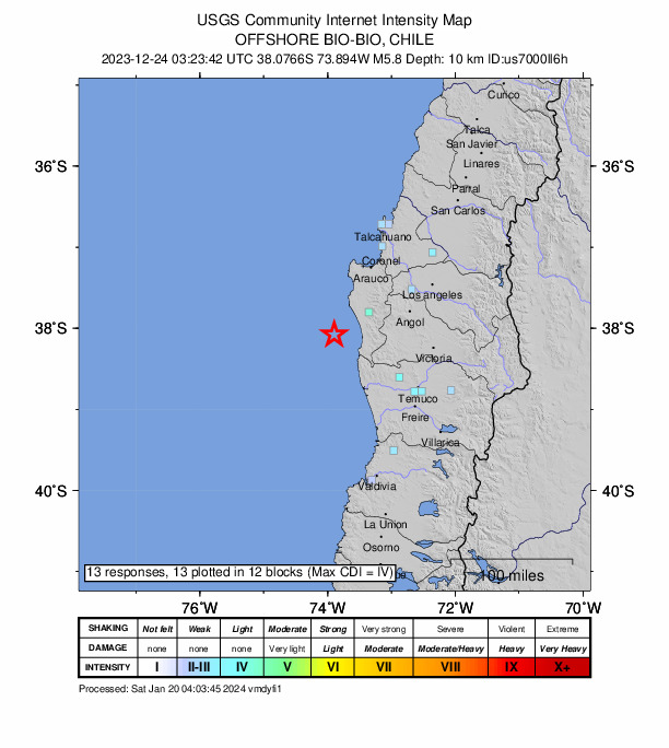 USGS DYFI community-reported intensity map for the M5.8 earthquake near 53 km SW of Cañete, Chile